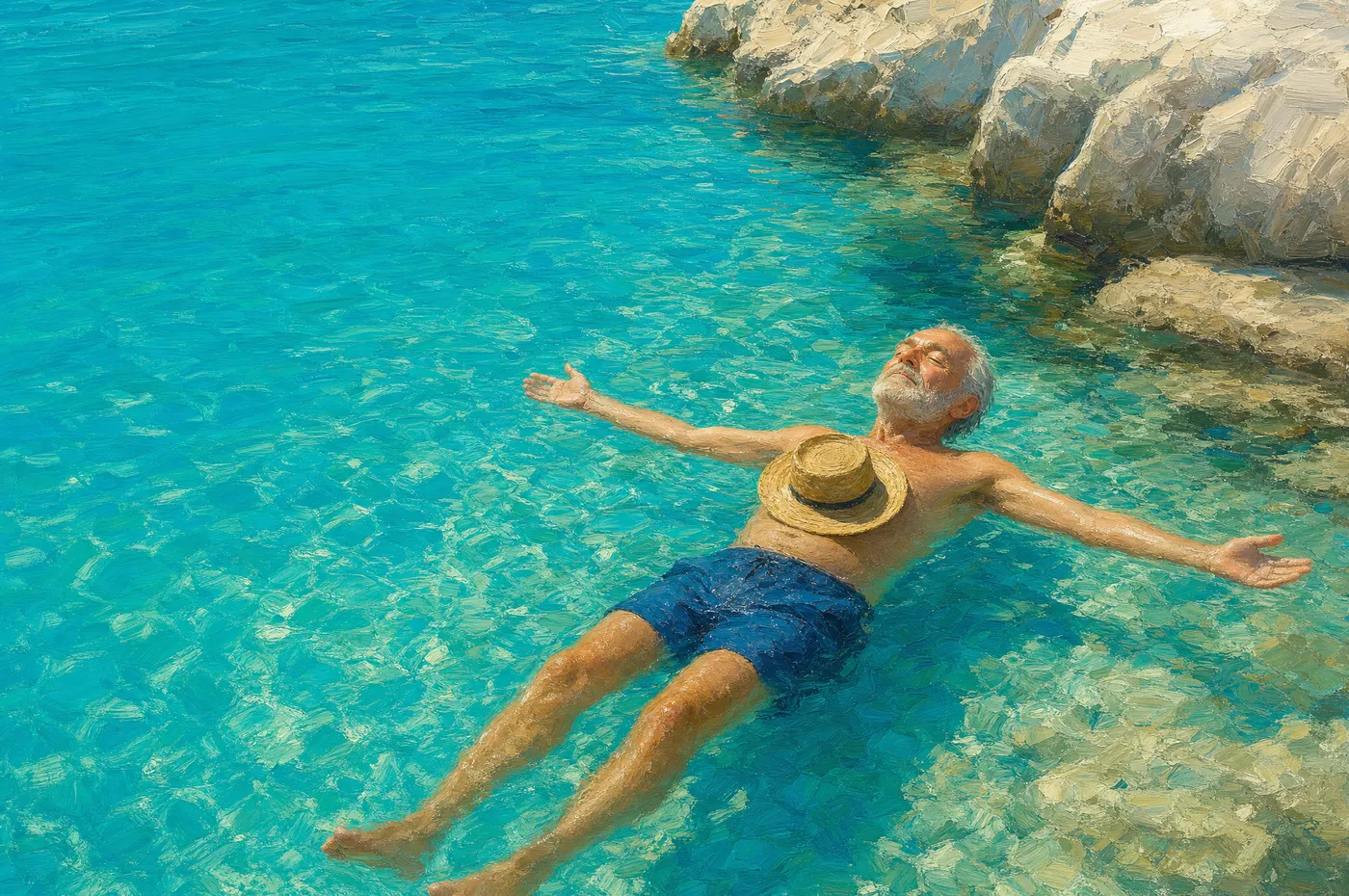 Mann treibt auf dem Rücken im türkisen Wasser, den Strohhut auf der Brust
